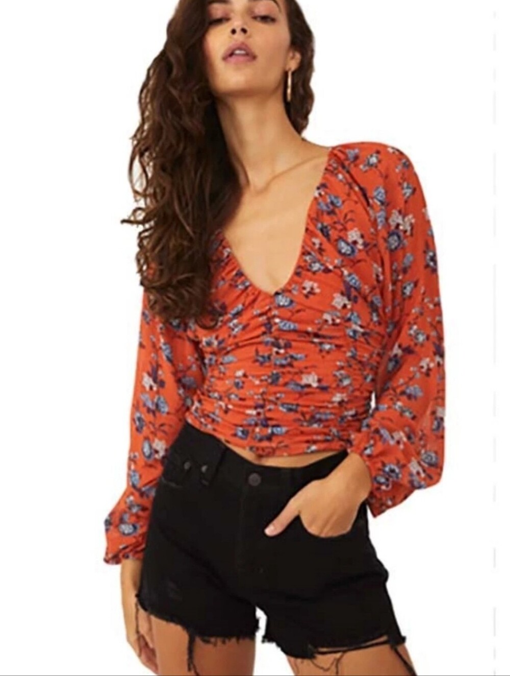 Free People Floral Ruched Long Sleeve Blouse